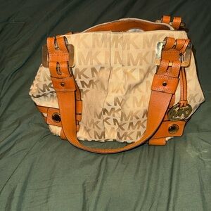 Michael Kors Beige Signature Canvas Shoulder Bag with Tan Leather Trim